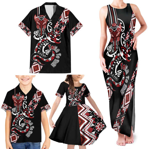 Aotearoa Toitu Te Tiriti-Honour the Treaty Family Matching Tank Maxi Dress and Hawaiian Shirt Maori Taniwha Haka with Taniko and Tukutuku