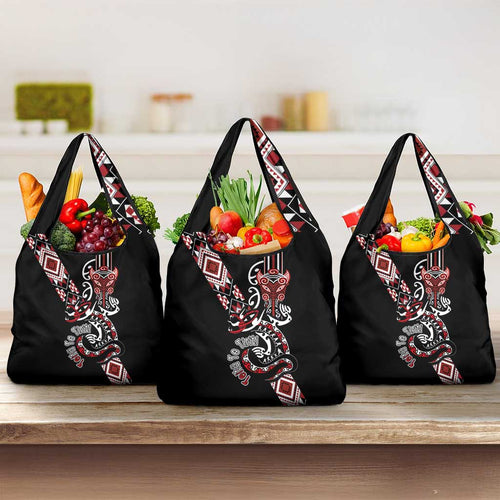 Aotearoa Toitu Te Tiriti-Honour the Treaty Grocery Bag Maori Taniwha Haka with Taniko and Tukutuku