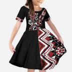 Aotearoa Toitu Te Tiriti-Honour the Treaty Kid Short Sleeve Dress Maori Taniwha Haka with Taniko and Tukutuku