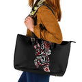 Aotearoa Toitu Te Tiriti-Honour the Treaty Leather Tote Bag Maori Taniwha Haka with Taniko and Tukutuku
