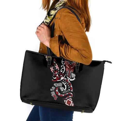 Aotearoa Toitu Te Tiriti-Honour the Treaty Leather Tote Bag Maori Taniwha Haka with Taniko and Tukutuku