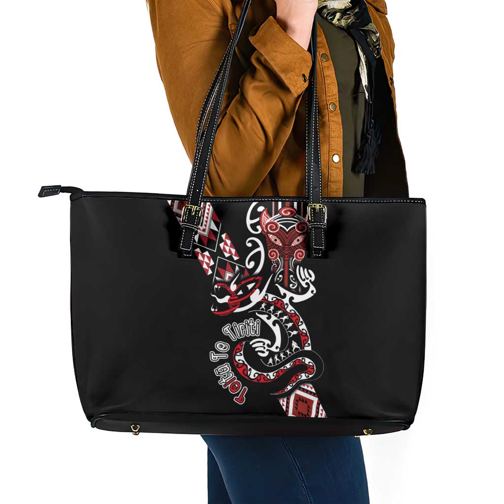 Aotearoa Toitu Te Tiriti-Honour the Treaty Leather Tote Bag Maori Taniwha Haka with Taniko and Tukutuku