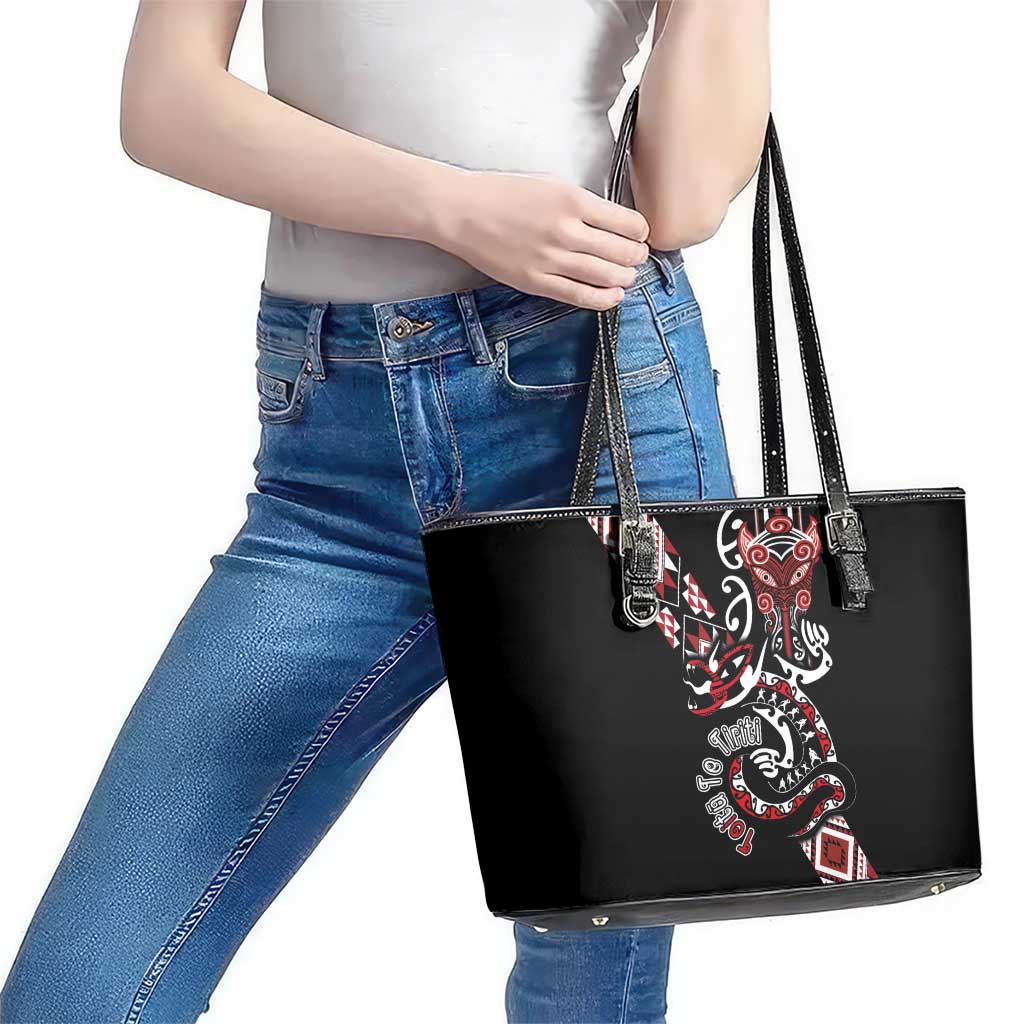 Aotearoa Toitu Te Tiriti-Honour the Treaty Leather Tote Bag Maori Taniwha Haka with Taniko and Tukutuku