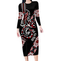 Aotearoa Toitu Te Tiriti-Honour the Treaty Long Sleeve Bodycon Dress Maori Taniwha Haka with Taniko and Tukutuku