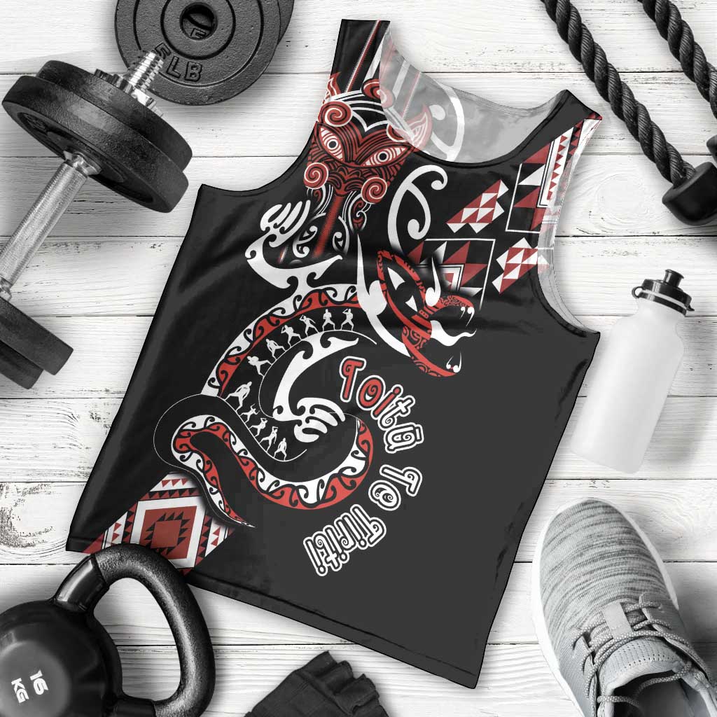 Aotearoa Toitu Te Tiriti-Honour the Treaty Men Tank Top Maori Taniwha Haka with Taniko and Tukutuku