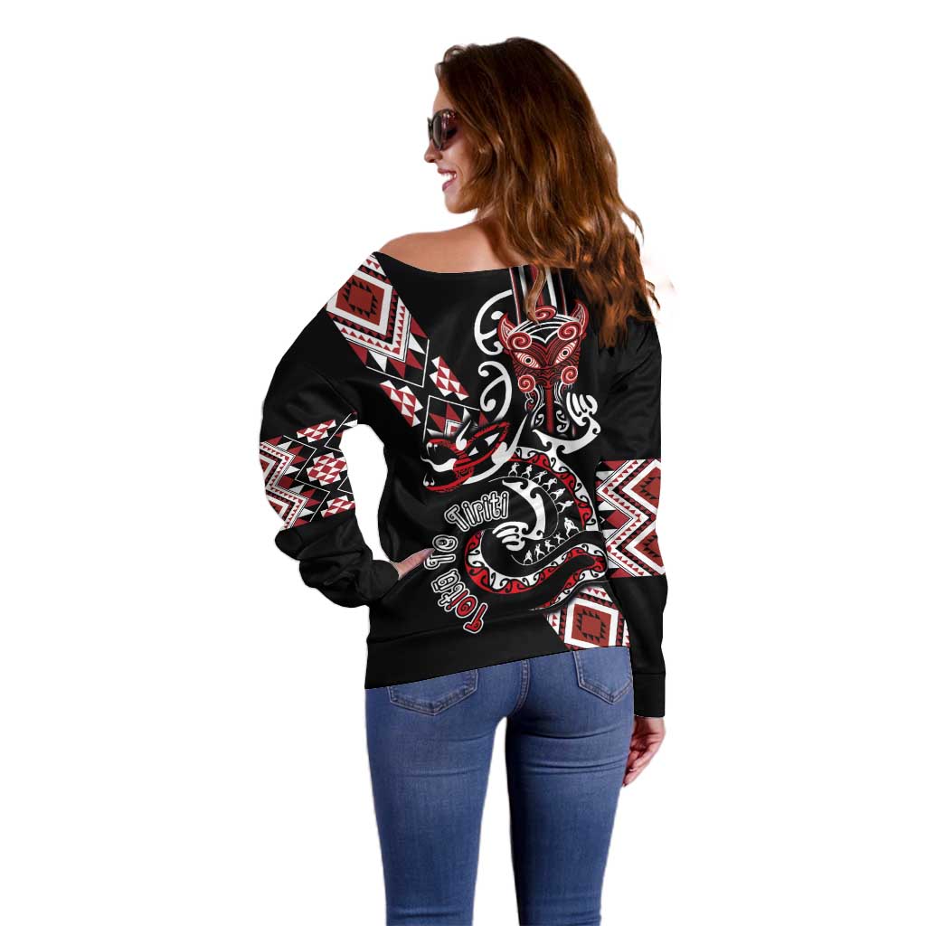 Aotearoa Toitu Te Tiriti-Honour the Treaty Off Shoulder Sweater Maori Taniwha Haka with Taniko and Tukutuku