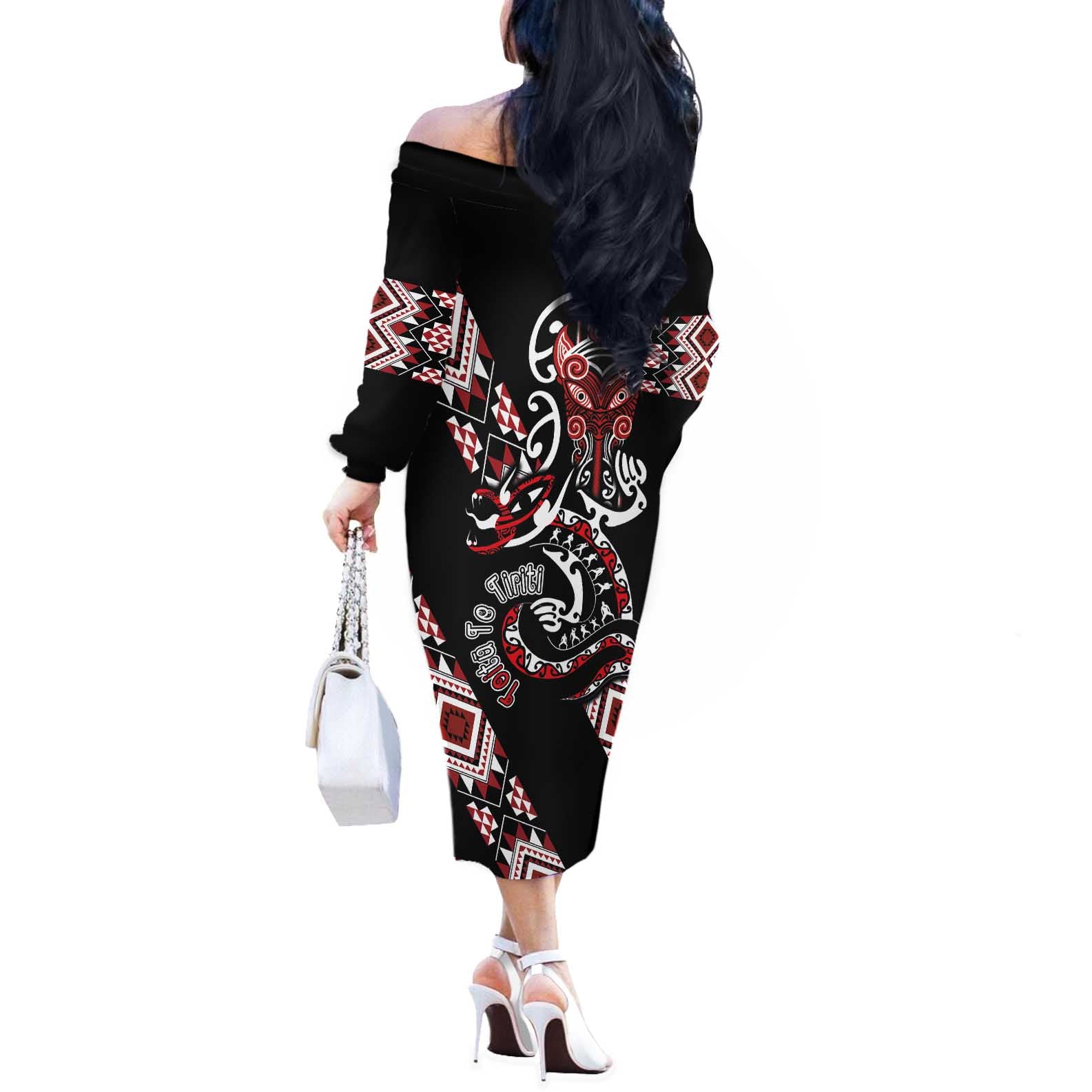Aotearoa Toitu Te Tiriti-Honour the Treaty Off The Shoulder Long Sleeve Dress Maori Taniwha Haka with Taniko and Tukutuku