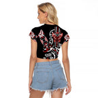 Aotearoa Toitu Te Tiriti-Honour the Treaty Raglan Cropped T Shirt Maori Taniwha Haka with Taniko and Tukutuku