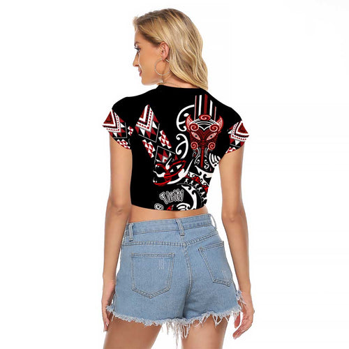 Aotearoa Toitu Te Tiriti-Honour the Treaty Raglan Cropped T Shirt Maori Taniwha Haka with Taniko and Tukutuku