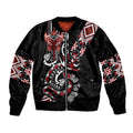 Aotearoa Toitu Te Tiriti-Honour the Treaty Sleeve Zip Bomber Jacket Maori Taniwha Haka with Taniko and Tukutuku