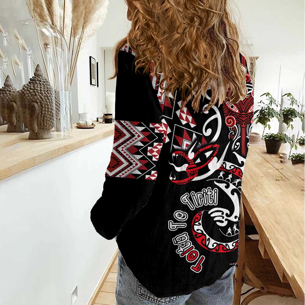 Aotearoa Toitu Te Tiriti-Honour the Treaty Women Casual Shirt Maori Taniwha Haka with Taniko and Tukutuku
