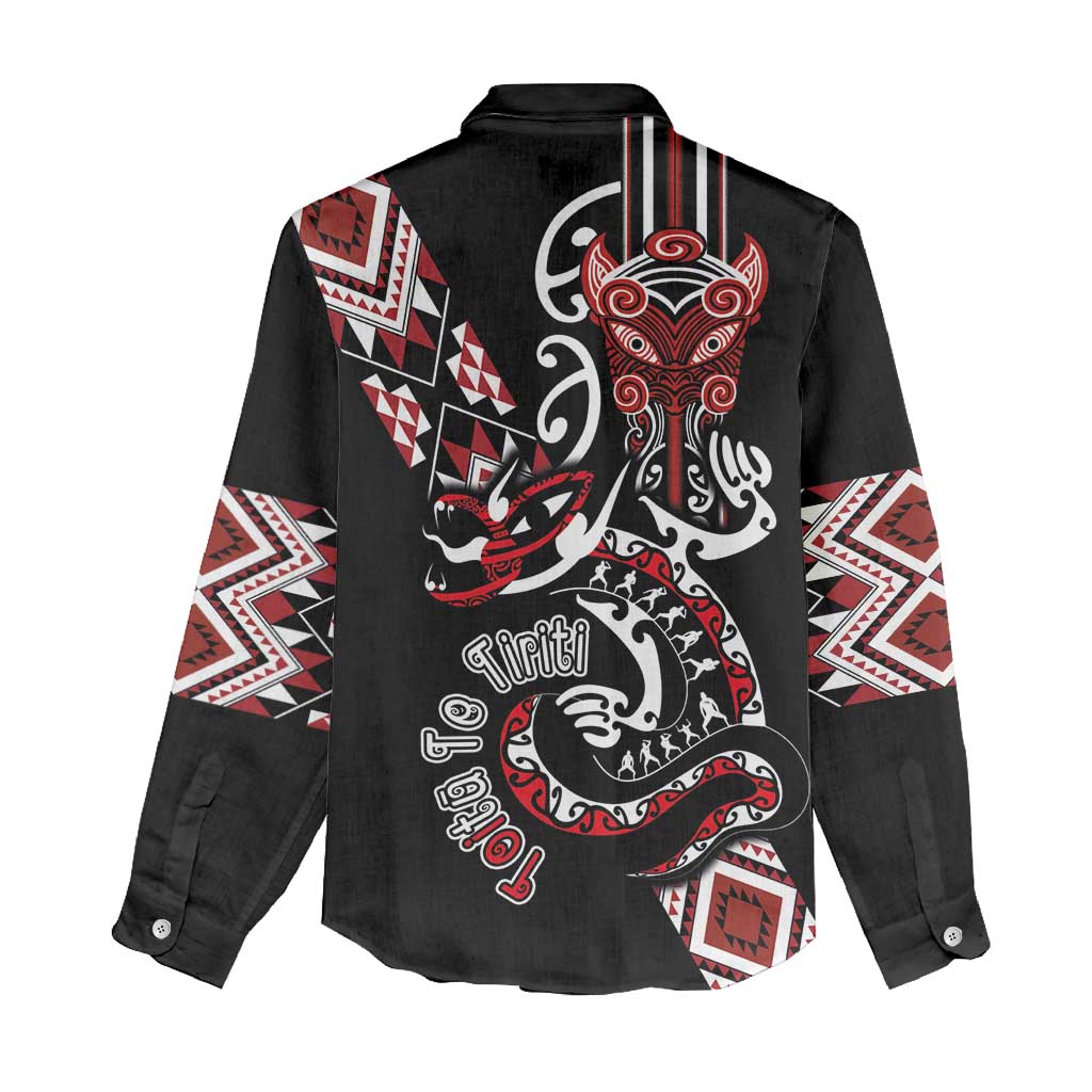 Aotearoa Toitu Te Tiriti-Honour the Treaty Women Casual Shirt Maori Taniwha Haka with Taniko and Tukutuku