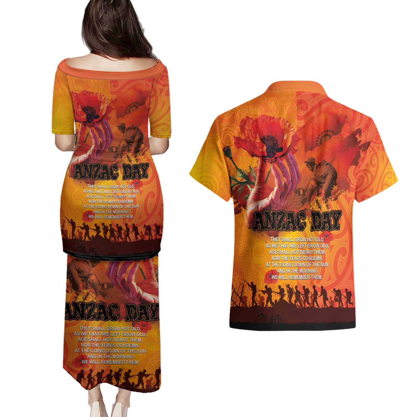 Australia and New Zealand ANZAC Day Couples Matching Puletasi and Hawaiian Shirt Soldiers Memories - Red Poppies with Aboriginal and Maori Art