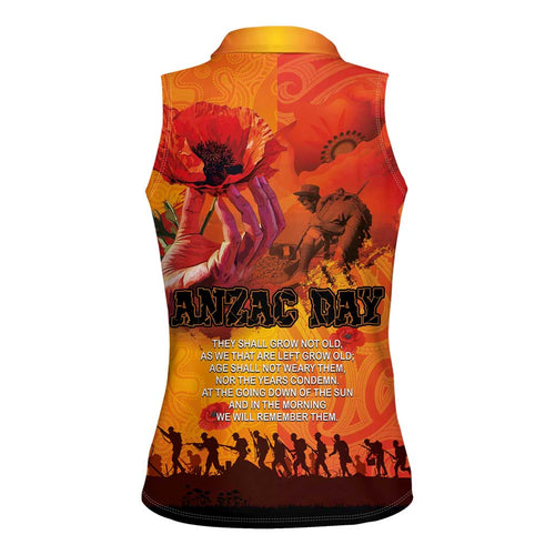 Australia and New Zealand ANZAC Day Women Sleeveless Polo Shirt Soldiers Memories - Red Poppies with Aboriginal and Maori Art
