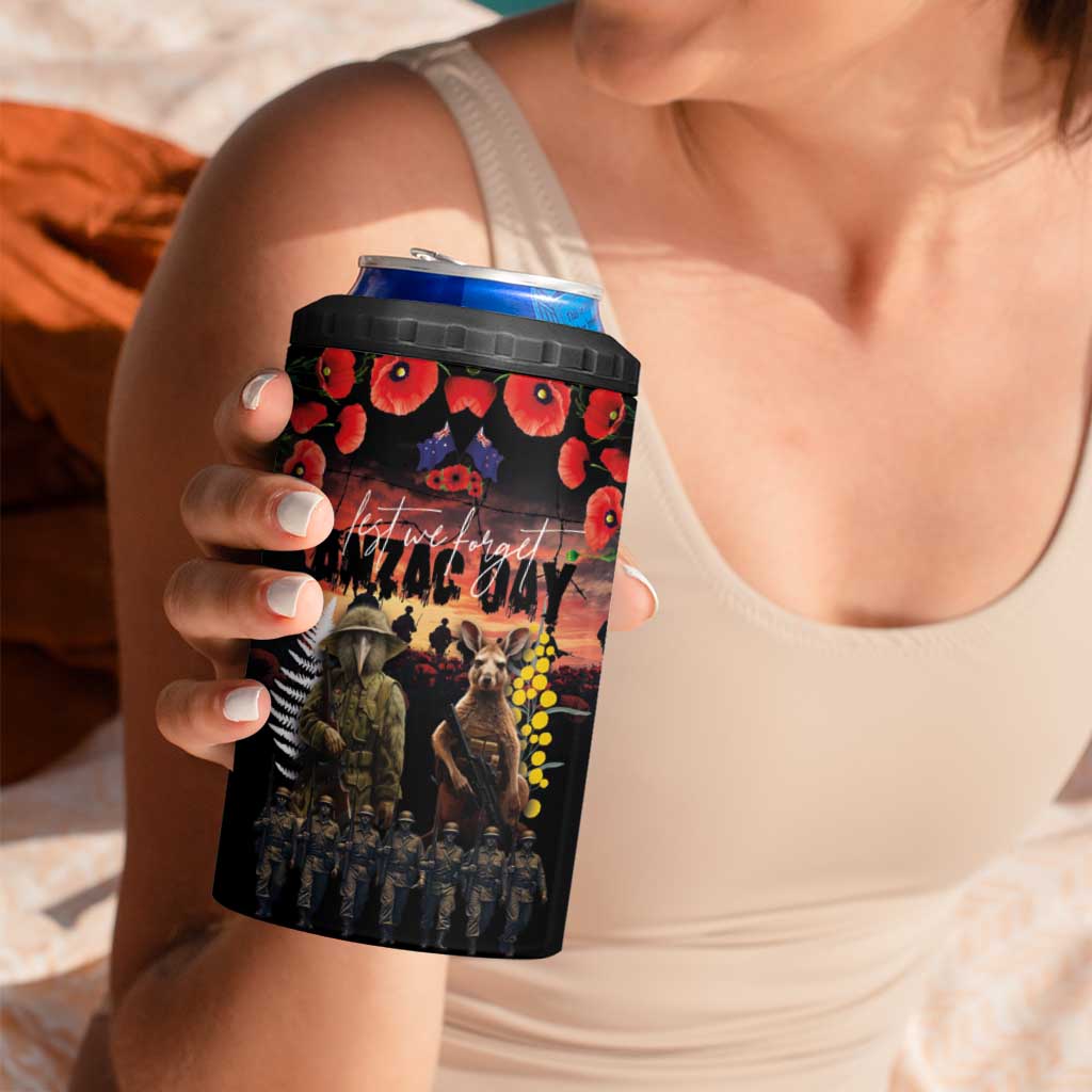 Australia and New Zealand ANZAC Day 4 in 1 Can Cooler Tumbler Kangaroo and Kiwi Bird Soldier Forever in My Thoughts