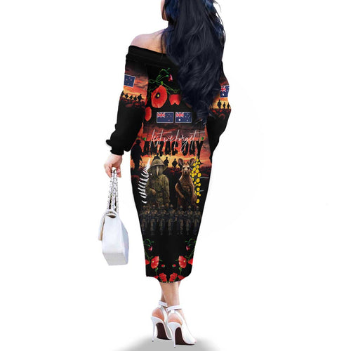 Australia and New Zealand ANZAC Day Family Matching Off The Shoulder Long Sleeve Dress and Hawaiian Shirt Kangaroo and Kiwi Bird Soldier - Forever in My Thoughts