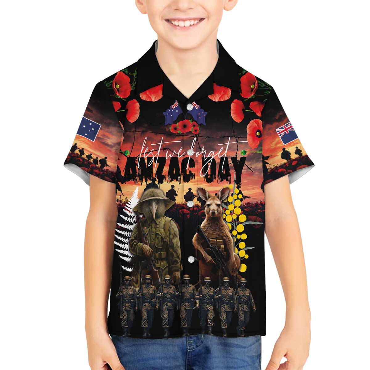 Australia and New Zealand ANZAC Day Family Matching Off The Shoulder Long Sleeve Dress and Hawaiian Shirt Kangaroo and Kiwi Bird Soldier - Forever in My Thoughts