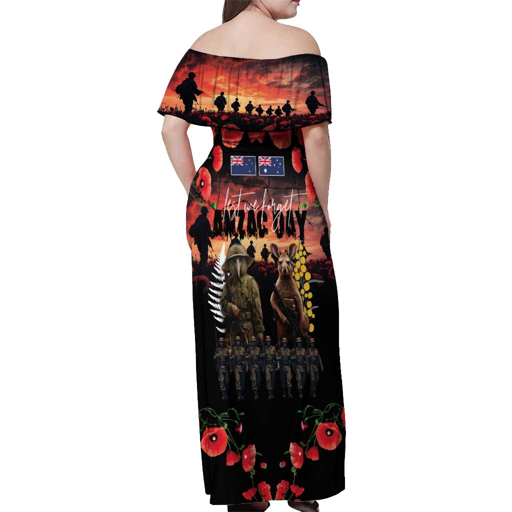 Australia and New Zealand ANZAC Day Off Shoulder Maxi Dress Kangaroo and Kiwi Bird Soldier - Forever in My Thoughts