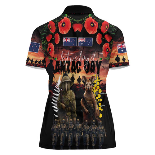 Australia and New Zealand ANZAC Day Women Polo Shirt Kangaroo and Kiwi Bird Soldier - Forever in My Thoughts
