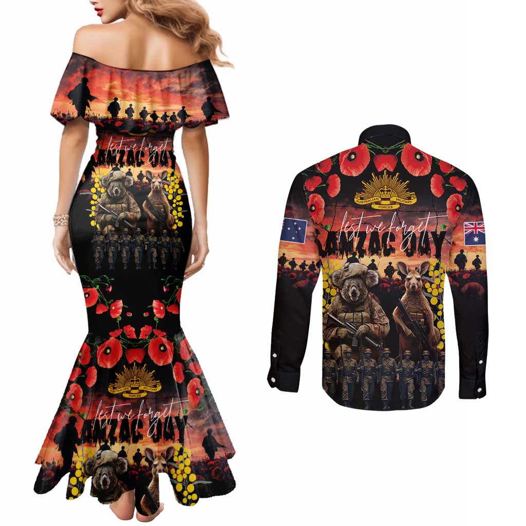 Australia ANZAC Day Couples Matching Mermaid Dress and Long Sleeve Button Shirt Kangaroo and Koala Soldier - Forever in My Thoughts