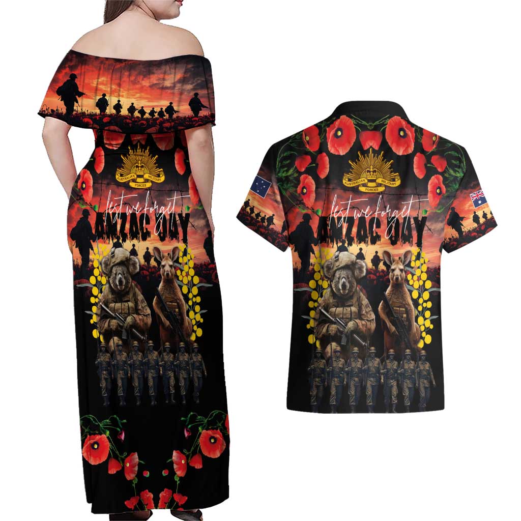 Australia ANZAC Day Couples Matching Off Shoulder Maxi Dress and Hawaiian Shirt Kangaroo and Koala Soldier - Forever in My Thoughts