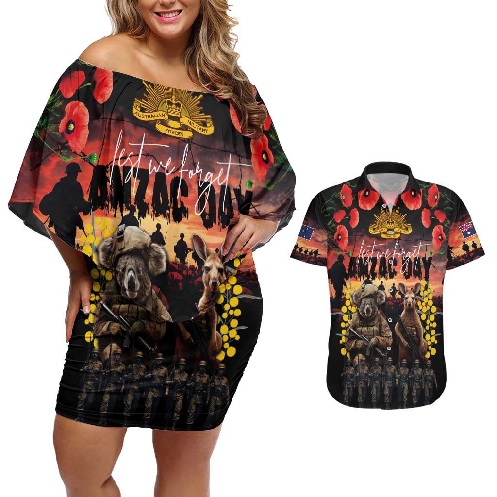 Australia ANZAC Day Couples Matching Off Shoulder Short Dress and Hawaiian Shirt Kangaroo and Koala Soldier - Forever in My Thoughts