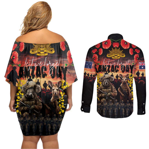 Australia ANZAC Day Couples Matching Off Shoulder Short Dress and Long Sleeve Button Shirt Kangaroo and Koala Soldier - Forever in My Thoughts