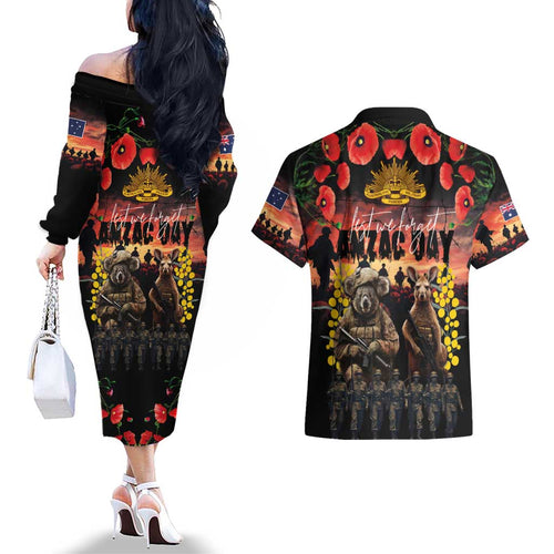 Australia ANZAC Day Couples Matching Off The Shoulder Long Sleeve Dress and Hawaiian Shirt Kangaroo and Koala Soldier - Forever in My Thoughts