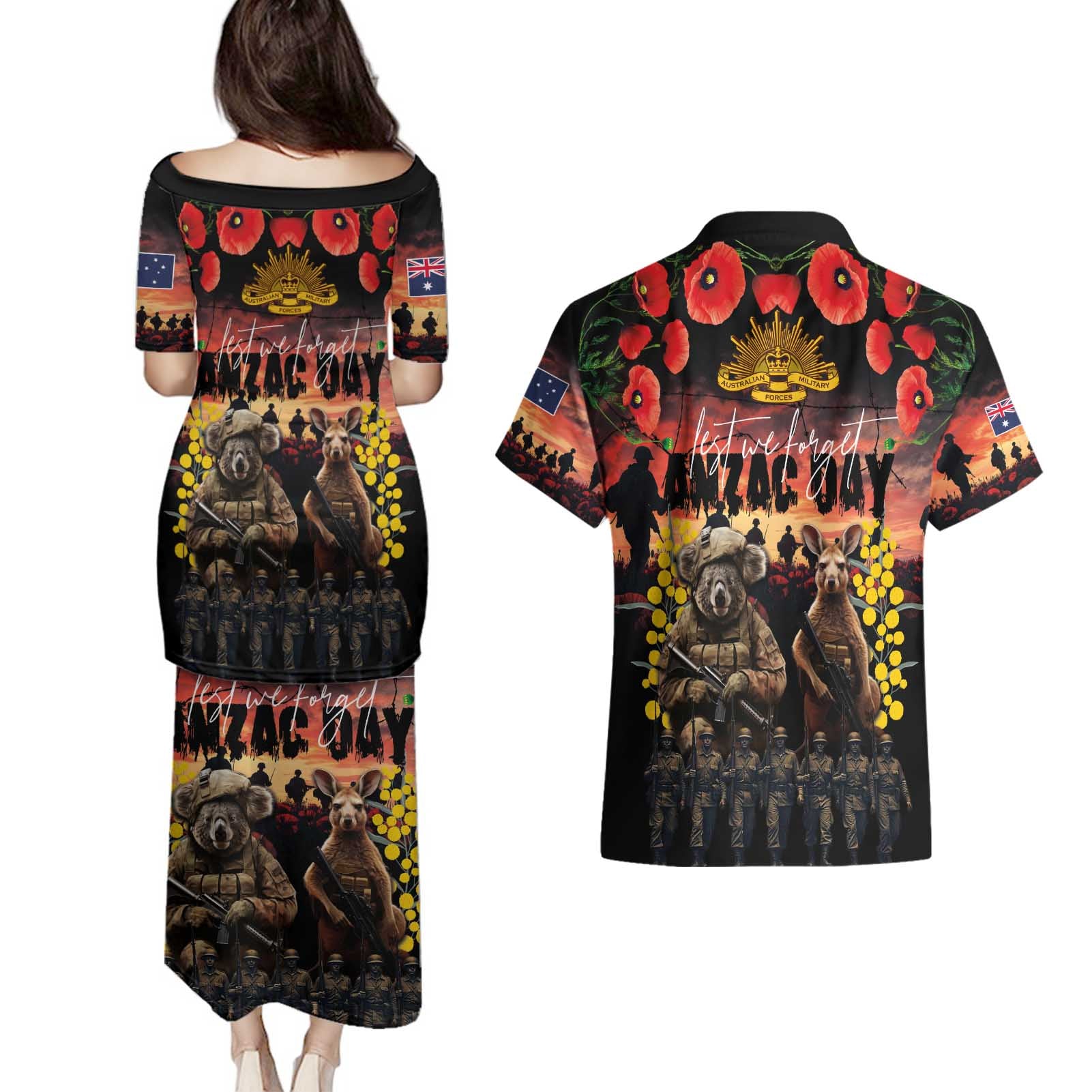 Australia ANZAC Day Couples Matching Puletasi and Hawaiian Shirt Kangaroo and Koala Soldier - Forever in My Thoughts