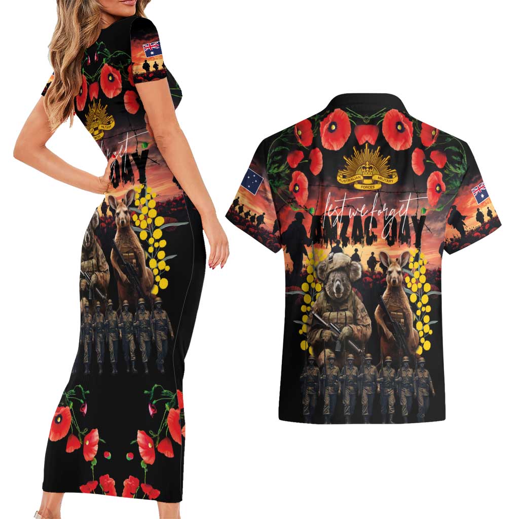 Australia ANZAC Day Couples Matching Short Sleeve Bodycon Dress and Hawaiian Shirt Kangaroo and Koala Soldier - Forever in My Thoughts