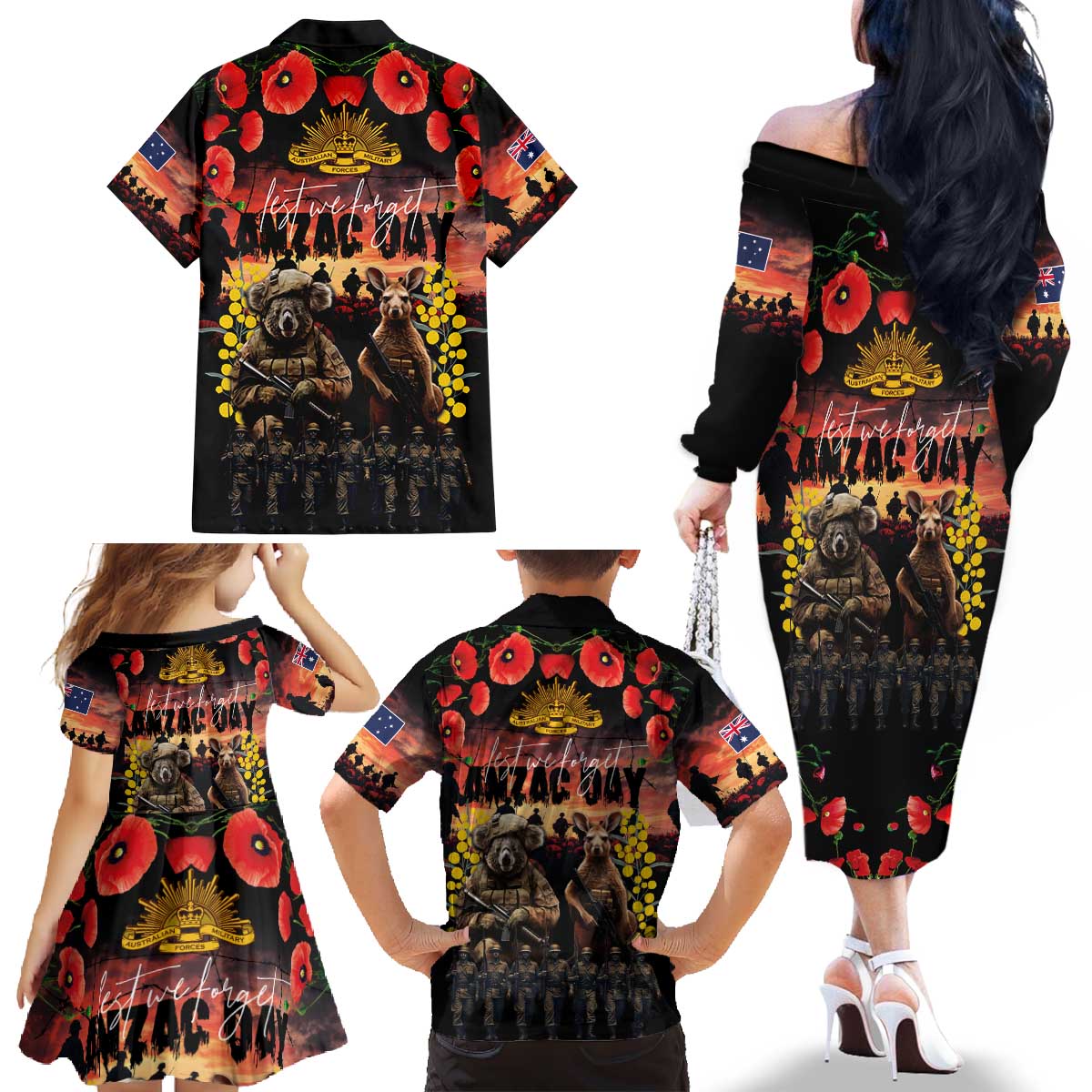 Australia ANZAC Day Family Matching Off The Shoulder Long Sleeve Dress and Hawaiian Shirt Kangaroo and Koala Soldier - Forever in My Thoughts