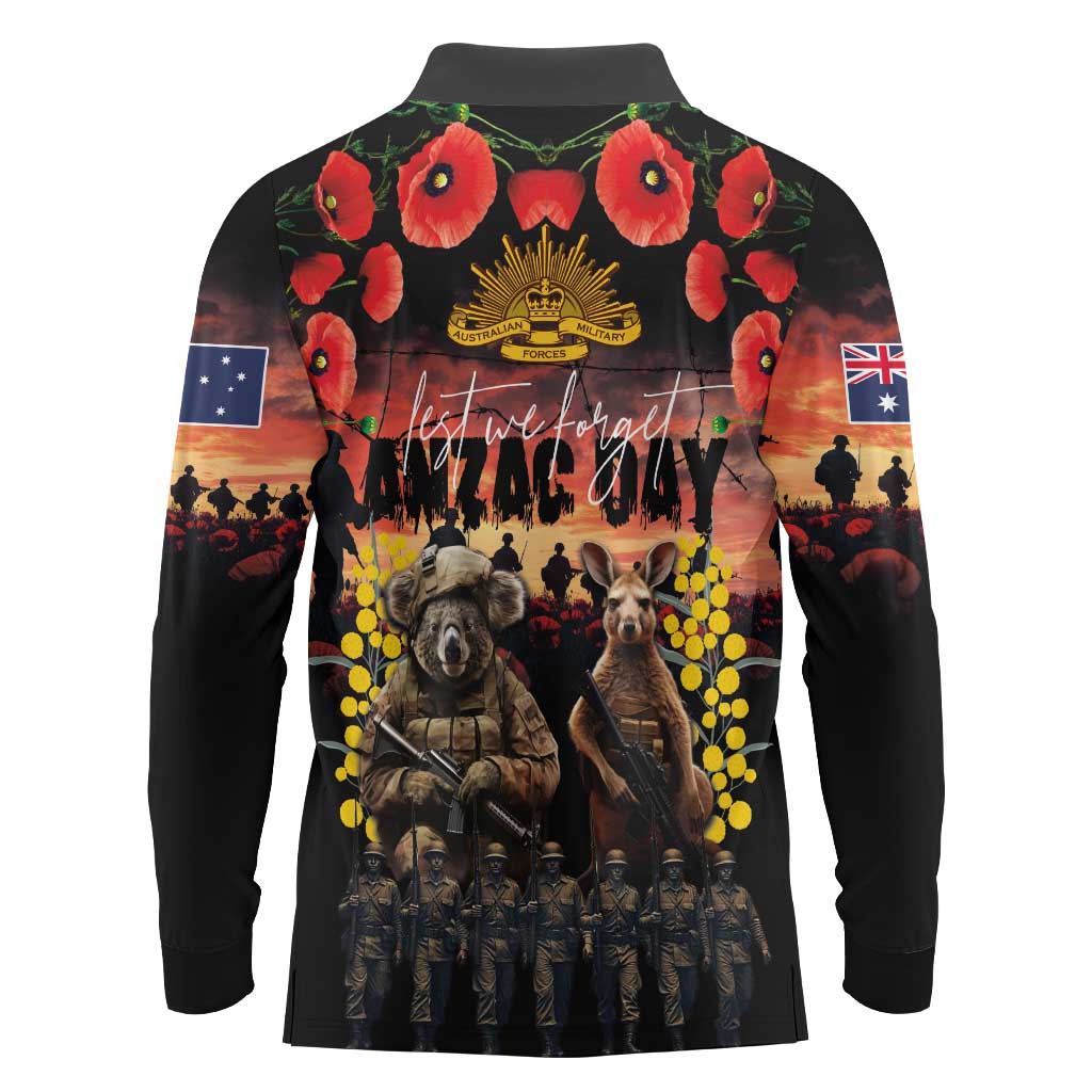 Australia ANZAC Day Long Sleeve Polo Shirt Kangaroo and Koala Soldier - Forever in My Thoughts