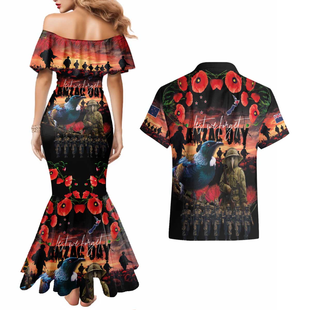 New Zealand ANZAC Day Couples Matching Mermaid Dress and Hawaiian Shirt Tui Bird and Kiwi Bird Soldier - Forever in My Thoughts