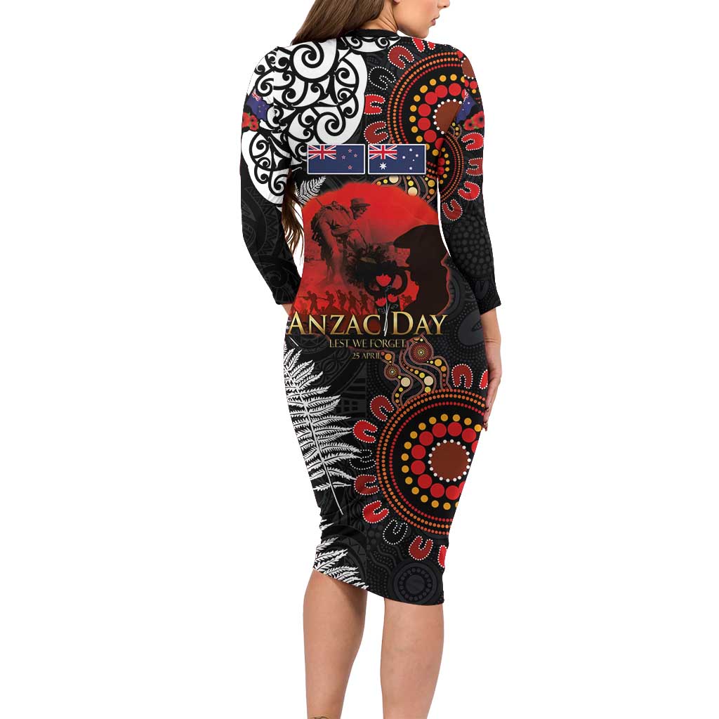 Australia and New Zealand ANZAC Day Family Matching Long Sleeve Bodycon Dress and Hawaiian Shirt Aboriginal and Maori Art Pattern - Gallipoli Lest We Forget