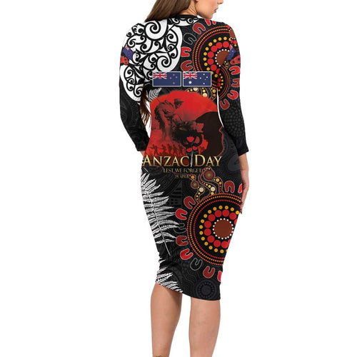 Australia and New Zealand ANZAC Day Family Matching Long Sleeve Bodycon Dress and Hawaiian Shirt Aboriginal and Maori Art Pattern - Gallipoli Lest We Forget