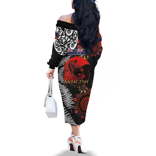 Australia and New Zealand ANZAC Day Family Matching Off The Shoulder Long Sleeve Dress and Hawaiian Shirt Aboriginal and Maori Art Pattern - Gallipoli Lest We Forget
