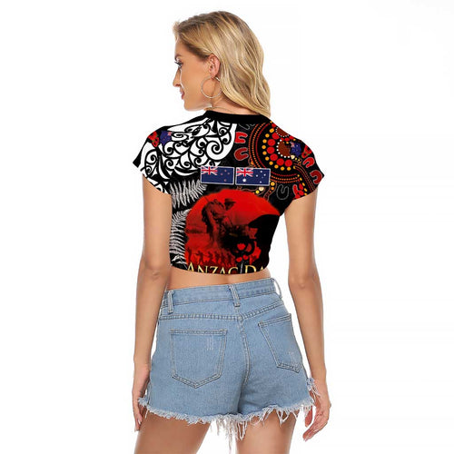 Australia and New Zealand ANZAC Day Raglan Cropped T Shirt Aboriginal and Maori Art Pattern - Gallipoli Lest We Forget