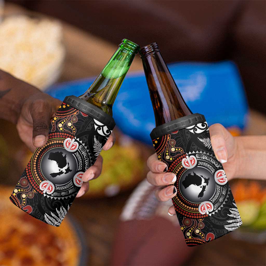 Australia and New Zealand Together 4 in 1 Can Cooler Tumbler Aboriginal and Maori Art Tattoo