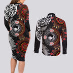 Australia and New Zealand Together Couples Matching Long Sleeve Bodycon Dress and Long Sleeve Button Shirt Aboriginal and Maori Art Tattoo