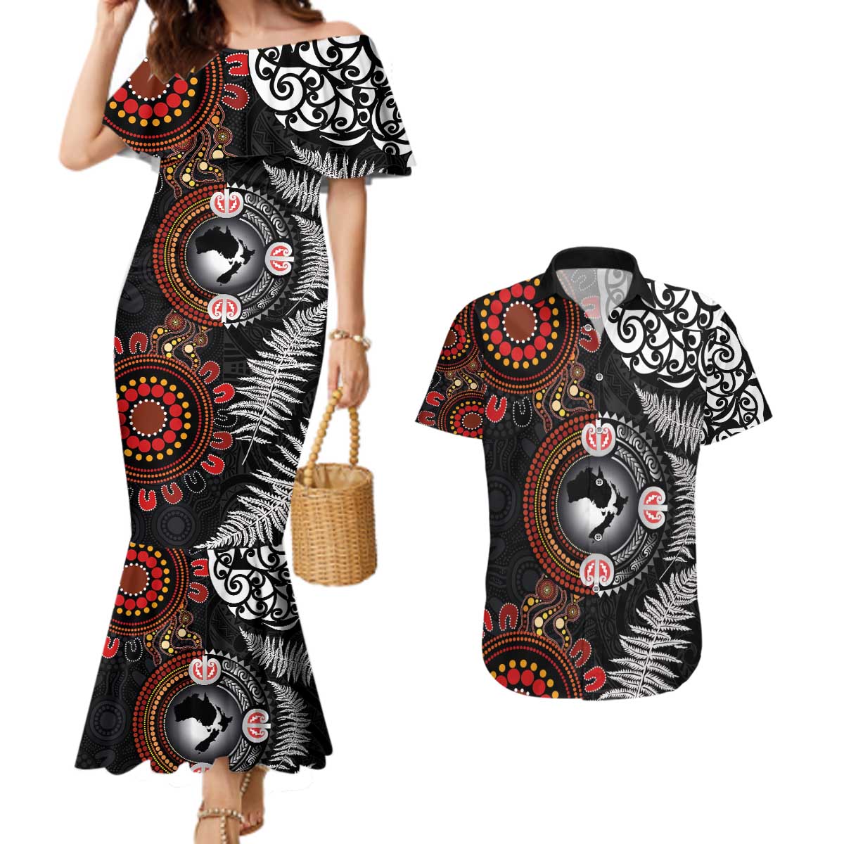 Australia and New Zealand Together Couples Matching Mermaid Dress and Hawaiian Shirt Aboriginal and Maori Art Tattoo