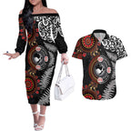 Australia and New Zealand Together Couples Matching Off The Shoulder Long Sleeve Dress and Hawaiian Shirt Aboriginal and Maori Art Tattoo