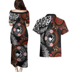 Australia and New Zealand Together Couples Matching Puletasi and Hawaiian Shirt Aboriginal and Maori Art Tattoo