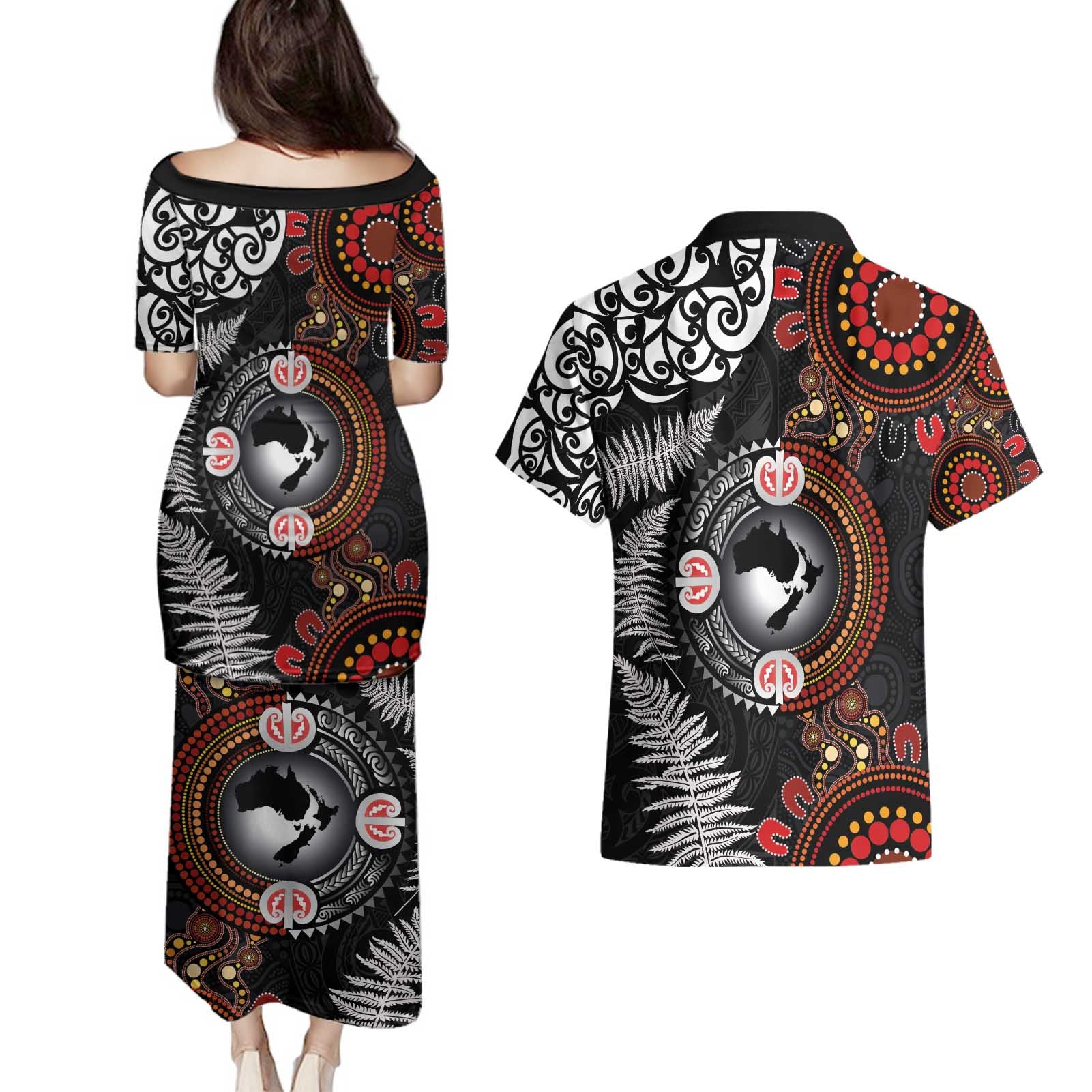 Australia and New Zealand Together Couples Matching Puletasi and Hawaiian Shirt Aboriginal and Maori Art Tattoo