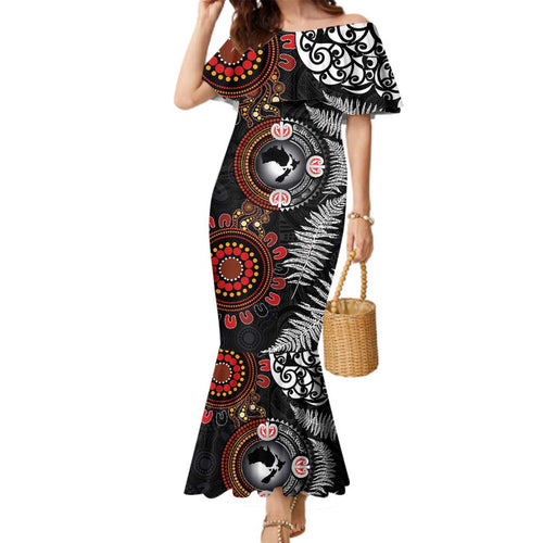 Australia and New Zealand Together Family Matching Mermaid Dress and Hawaiian Shirt Aboriginal and Maori Art Tattoo