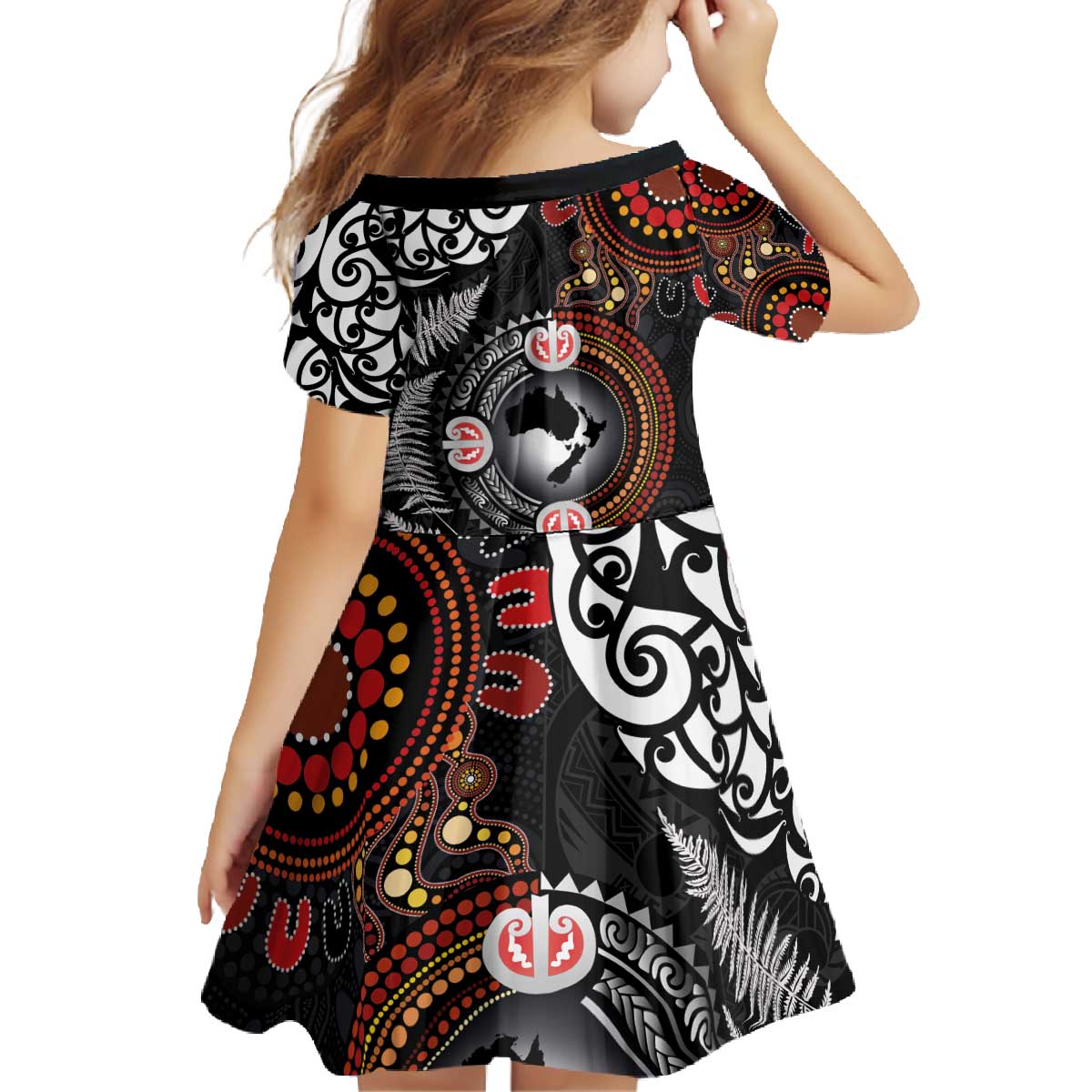 Australia and New Zealand Together Family Matching Off The Shoulder Long Sleeve Dress and Hawaiian Shirt Aboriginal and Maori Art Tattoo