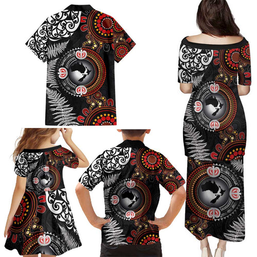 Australia and New Zealand Together Family Matching Puletasi and Hawaiian Shirt Aboriginal and Maori Art Tattoo