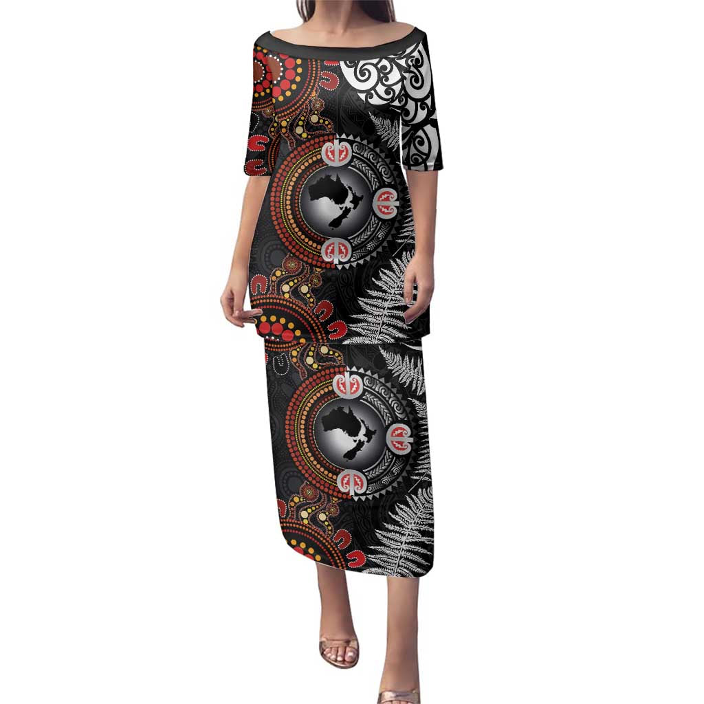 Australia and New Zealand Together Family Matching Puletasi and Hawaiian Shirt Aboriginal and Maori Art Tattoo
