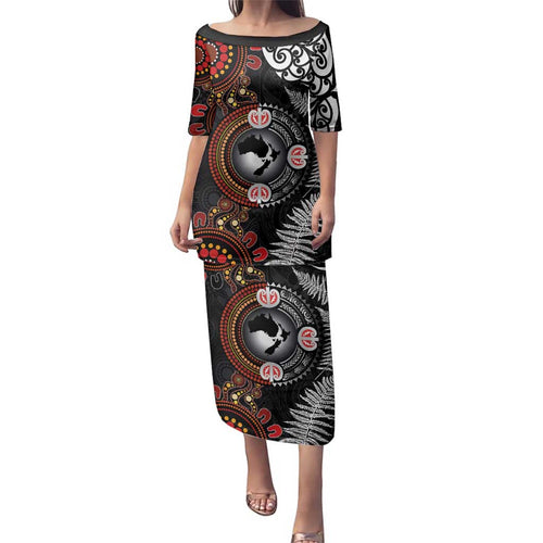 Australia and New Zealand Together Family Matching Puletasi and Hawaiian Shirt Aboriginal and Maori Art Tattoo