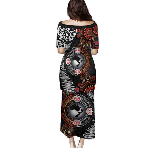 Australia and New Zealand Together Family Matching Puletasi and Hawaiian Shirt Aboriginal and Maori Art Tattoo
