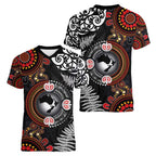 Australia and New Zealand Together Women V-Neck T-Shirt Aboriginal and Maori Art Tattoo